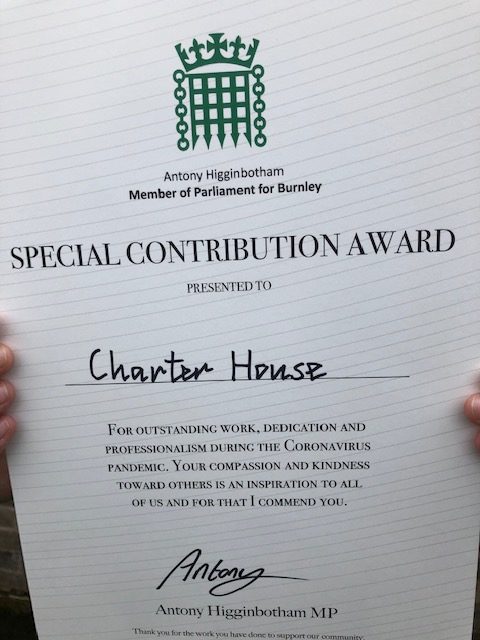 Charter House award for helping vulnerable people in Burnley throughout the Coronavirus Pandemic